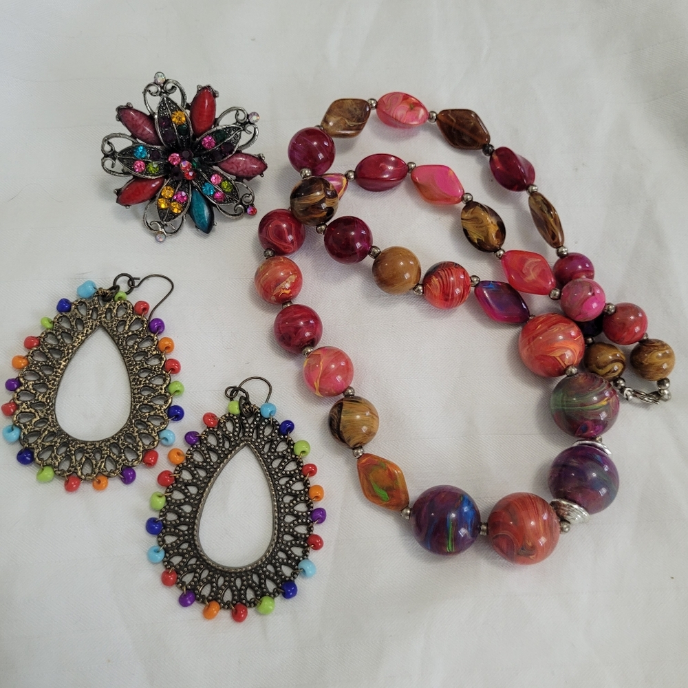 Marbled Muticolor Y2K Retro Festival Necklace Earring Ring Bundle Lot